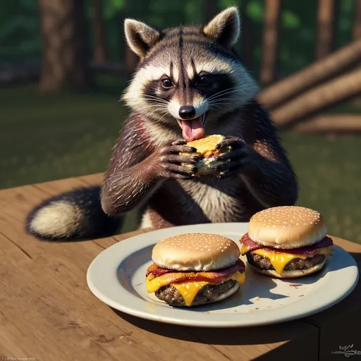 Prompt: Raccoons enjoying bacon cheeseburgers, realistic digital painting, messy eating, close-up of paws and faces, high quality, detailed fur, playful, foodie, vibrant colors, natural lighting