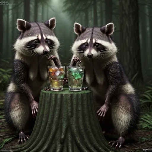 Prompt: Raccoons and possums drinking Russian vodka, realistic digital art, forest setting, lush greenery, mischievous expressions, detailed fur textures, high quality, realistic, playful, cool lighting, natural colors, detailed eyes, professional, atmospheric lighting