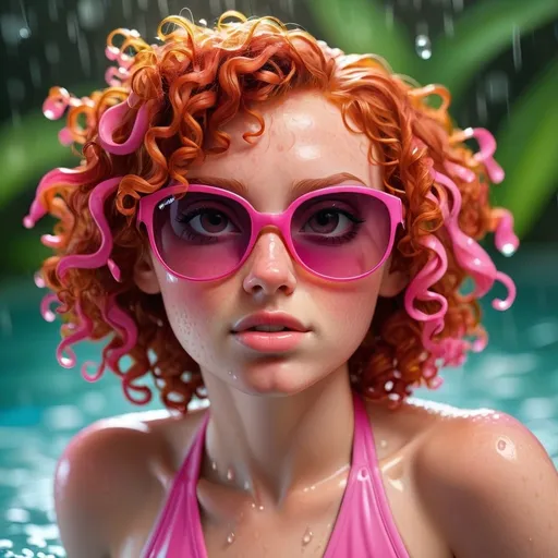 Prompt: Soaking wet, curly, short-haired, redhead, wearing pink swimsuit vibrant colors, wearing sunglasses, water droplets, expressive eyes, intense gaze, high quality, realistic, detailed curls, professional lighting, dramatic atmosphere