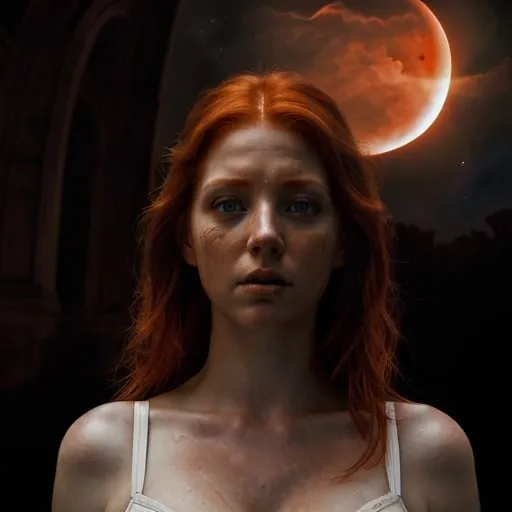 Prompt: Redhead woman in white undergarment, partial solar eclipse behind St. Louis Arch, detailed face with intense expression, realistic oil painting, astronomical event, high quality, dramatic lighting, surreal, red hair, celestial red hues, detailed surroundings, atmospheric, intricate details, eclipse, realistic, scenic, intense gaze, striking composition, professional, atmospheric lighting