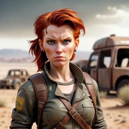Prompt: Redhead woman wearing PIP Boy, post-apocalyptic setting, dusty desert landscape, rugged leather clothing, intense and determined expression, high quality, realistic, post-apocalyptic, redhead, PIP Boy, dusty, desert landscape, rugged, intense expression, determined, leather clothing, professional, atmospheric lighting