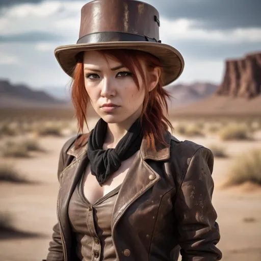 Prompt: Japanese woman wearing a top hat, post-apocalyptic setting, dusty desert landscape, rugged leather clothing, intense and determined expression, high quality, realistic, post-apocalyptic, redhead, PIP Boy, dusty, desert landscape, rugged, intense expression, determined, leather clothing, professional, atmospheric lighting