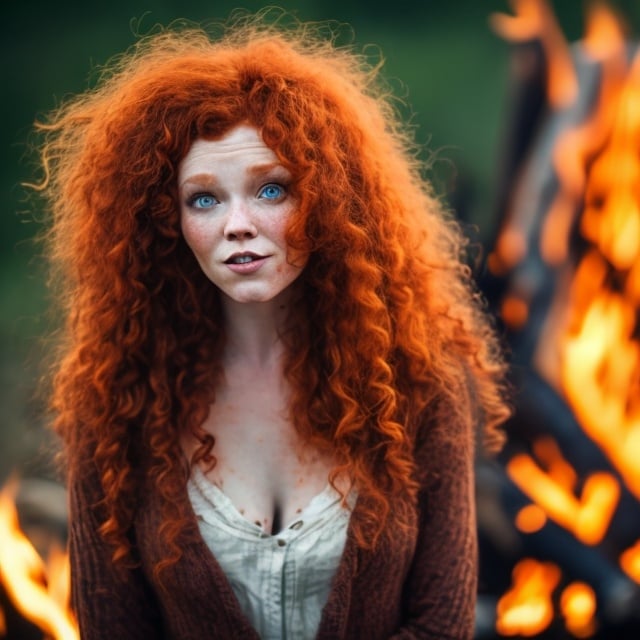 Prompt: curly redhead racoon woman next to bonfire