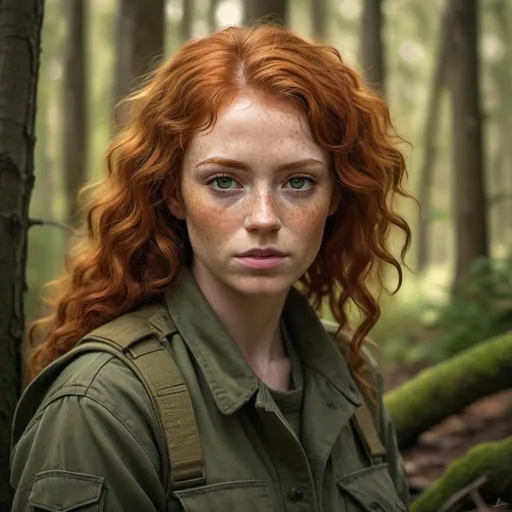 Prompt: Curly redhead in olive drab fatigues, realistic digital painting, woodland environment, intense gaze, detailed freckles, high quality, realistic, natural lighting, earthy tones, atmospheric
