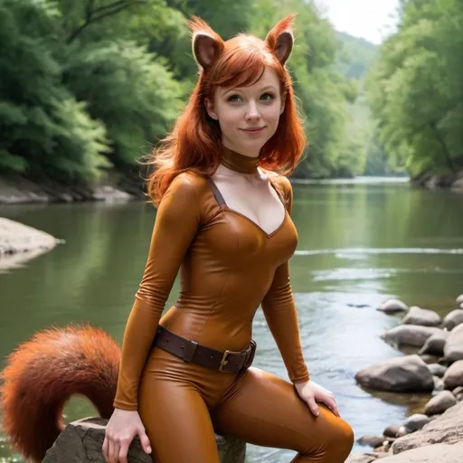 Prompt: redhead squirrel girl next to river