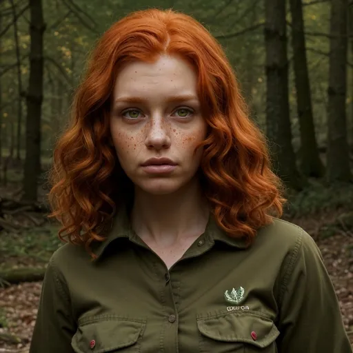 Prompt: Curly redhead in olive drab fatigues, wearing red breret, realistic digital painting, woodland environment, intense gaze, detailed freckles, high quality, realistic, natural lighting, earthy tones, atmospheric