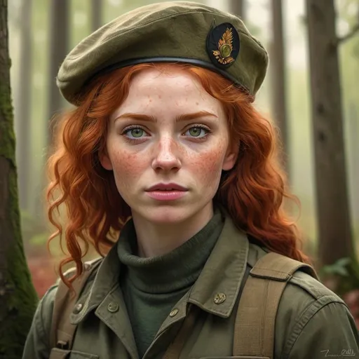 Prompt: Curly redhead in olive drab fatigues, wearing red breret, realistic digital painting, woodland environment, intense gaze, detailed freckles, high quality, realistic, natural lighting, earthy tones, atmospheric