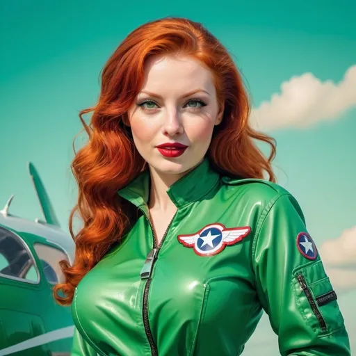 Prompt: Buxom wet redhead woman in a vibrant green flight suit, retro pin-up style