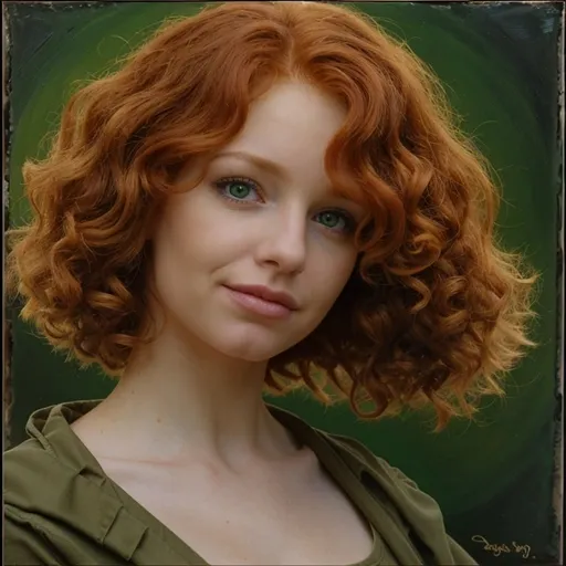 Prompt: Curly redhead wearing green beret, oil painting, detailed curls, vibrant colors, high quality, realistic, playful, warm tones, natural lighting