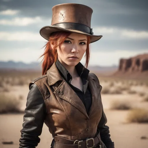 Prompt: Japanese woman wearing a top hat, post-apocalyptic setting, dusty desert landscape, rugged leather clothing, intense and determined expression, high quality, realistic, post-apocalyptic, redhead, PIP Boy, dusty, desert landscape, rugged, intense expression, determined, leather clothing, professional, atmospheric lighting