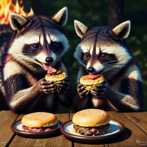 Prompt: Raccoons enjoying bacon cheeseburgers, realistic digital painting, messy eating, close-up of paws and faces, high quality, detailed fur, playful, foodie, vibrant colors, natural lighting, fire in background