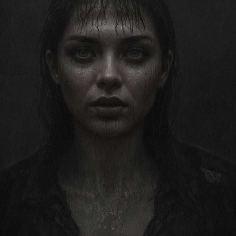 Prompt: Wet and sweaty Vulcan Girls , oil painting, dark and moody atmosphere, intense and sultry expressions, high texture, gothic, dramatic lighting, dark tones, intense gaze, atmospheric, high quality, oil painting, goth, moody, dramatic lighting, intense expressions, wet look, sweaty, textured