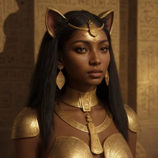 Prompt: Black-skinned woman with Bastet head, Egyptian goddess-inspired, detailed facial features, gold and black color tones, ancient Egyptian jewelry, regal and powerful posture, high quality, digital painting, majestic, mysterious lighting
