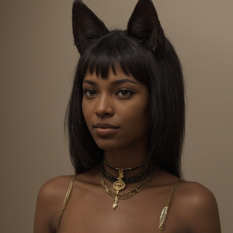 Prompt: Black-skinned woman with Bastet head