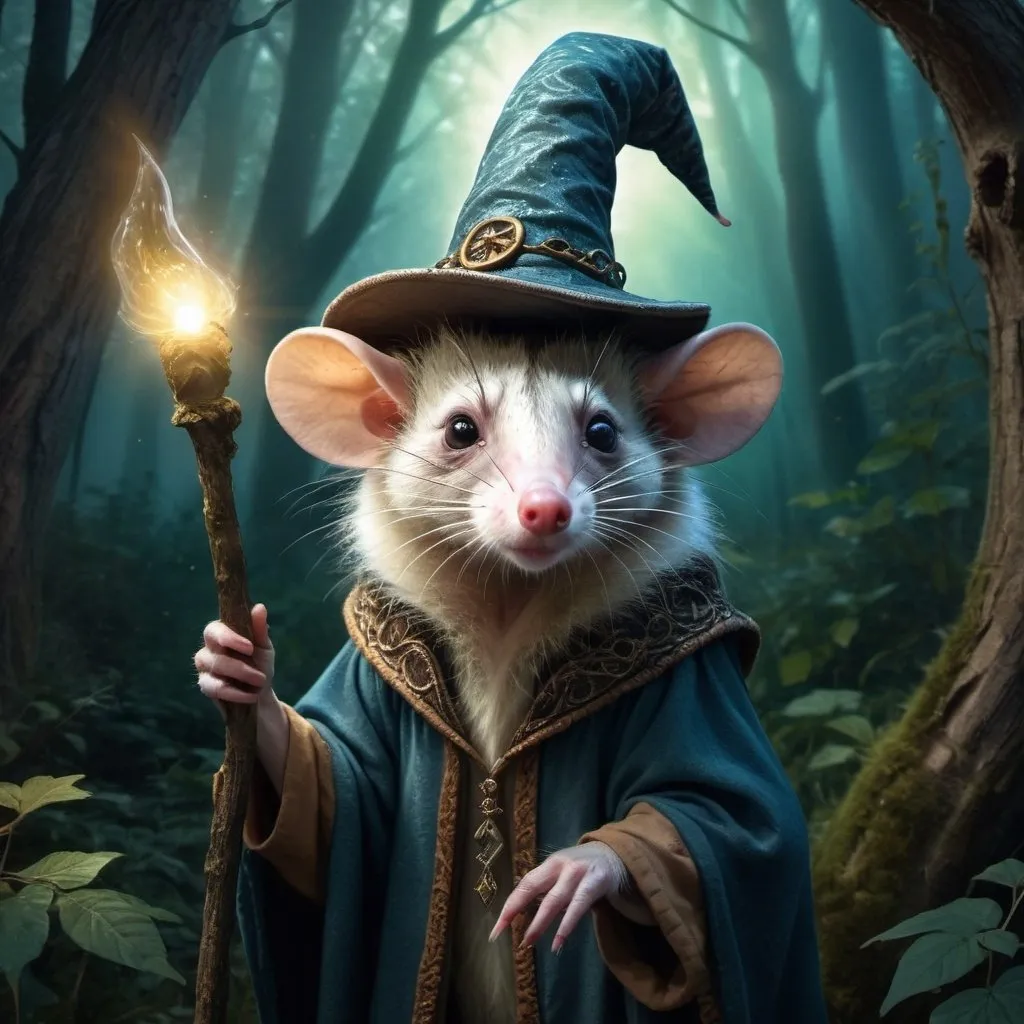 Prompt: Opossum wizard wearing a tall, pointed hat, magical forest setting, whimsical illustration, detailed fur with mystical glow, enchanting and curious gaze, high-quality, fantasy, mystical, detailed fur, wizard hat, magical forest, whimsical, enchanting gaze, mystical glow, professional, atmospheric lighting