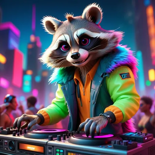 Prompt: High-quality 3D rendering of a DJ racoon at a vibrant rave, neon lights, energetic crowd, futuristic city skyline in the background, detailed fur with colorful reflections, expressive and lively gestures, dynamic atmosphere, party vibes, professional lighting, 3D rendering, vibrant colors, futuristic, detailed fur, energetic, neon lights, city skyline, dynamic pose, professional, party vibes