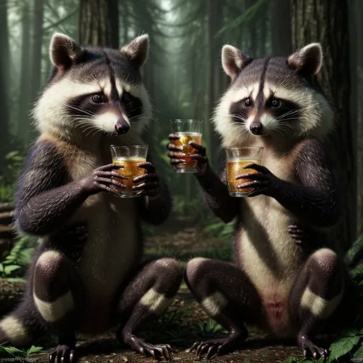 Prompt: Raccoons and possums drinking Russian vodka, realistic digital art, forest setting, lush greenery, mischievous expressions, detailed fur textures, high quality, realistic, playful, cool lighting, natural colors, detailed eyes, professional, atmospheric lighting