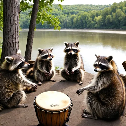Prompt: racoon drum circle next to river