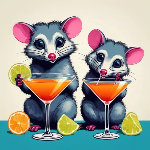 Prompt: Opossums sipping martinis, retro cartoon style, vintage cocktail glasses, playful expressions, detailed fur, fun and whimsical, vibrant colors, mid-century modern aesthetic, high quality, detailed illustration, retro, cartoon, vintage, playful, vibrant colors, mid-century modern, detailed fur, whimsical, cocktails, fun, highres, professional