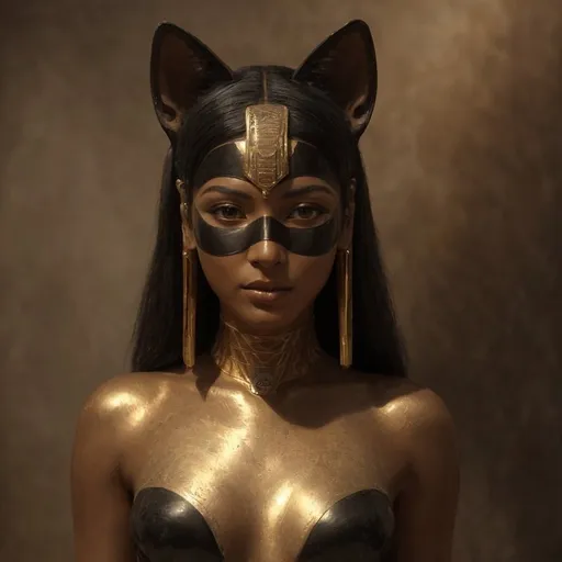 Prompt: obsidian-skinned woman with Bastet mask, Egyptian goddess-inspired, detailed facial features, gold and black color tones, ancient Egyptian jewelry, regal and powerful posture, high quality, digital painting, majestic, mysterious lighting