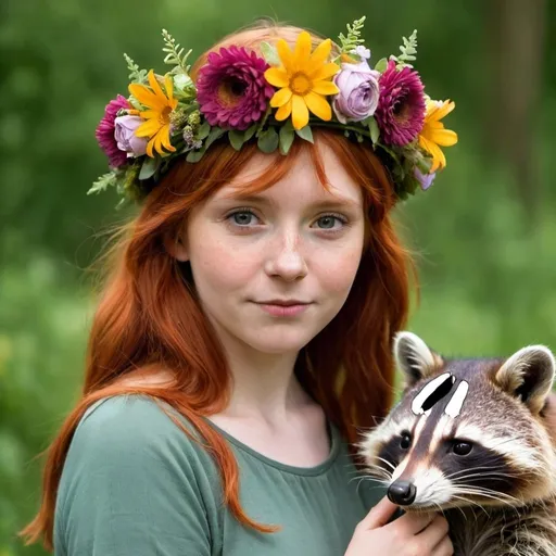 Prompt: red haired Midsomer girl wearing a crown of flowers and racoon hat