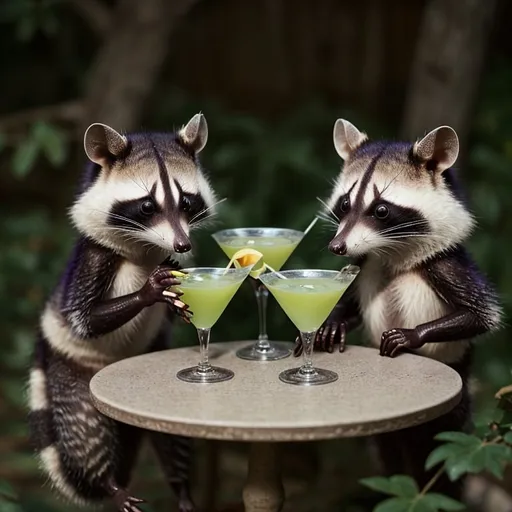 Prompt: Raccoons and opossums drinking Martinis