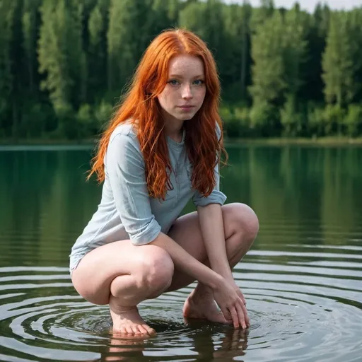 Prompt: redhead girl squatting in lake
