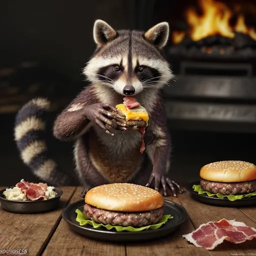 Prompt: Raccoons enjoying bacon cheeseburgers, realistic digital painting, messy eating, close-up of paws and faces, high quality, detailed fur, playful, foodie, vibrant colors, natural lighting, fire in background