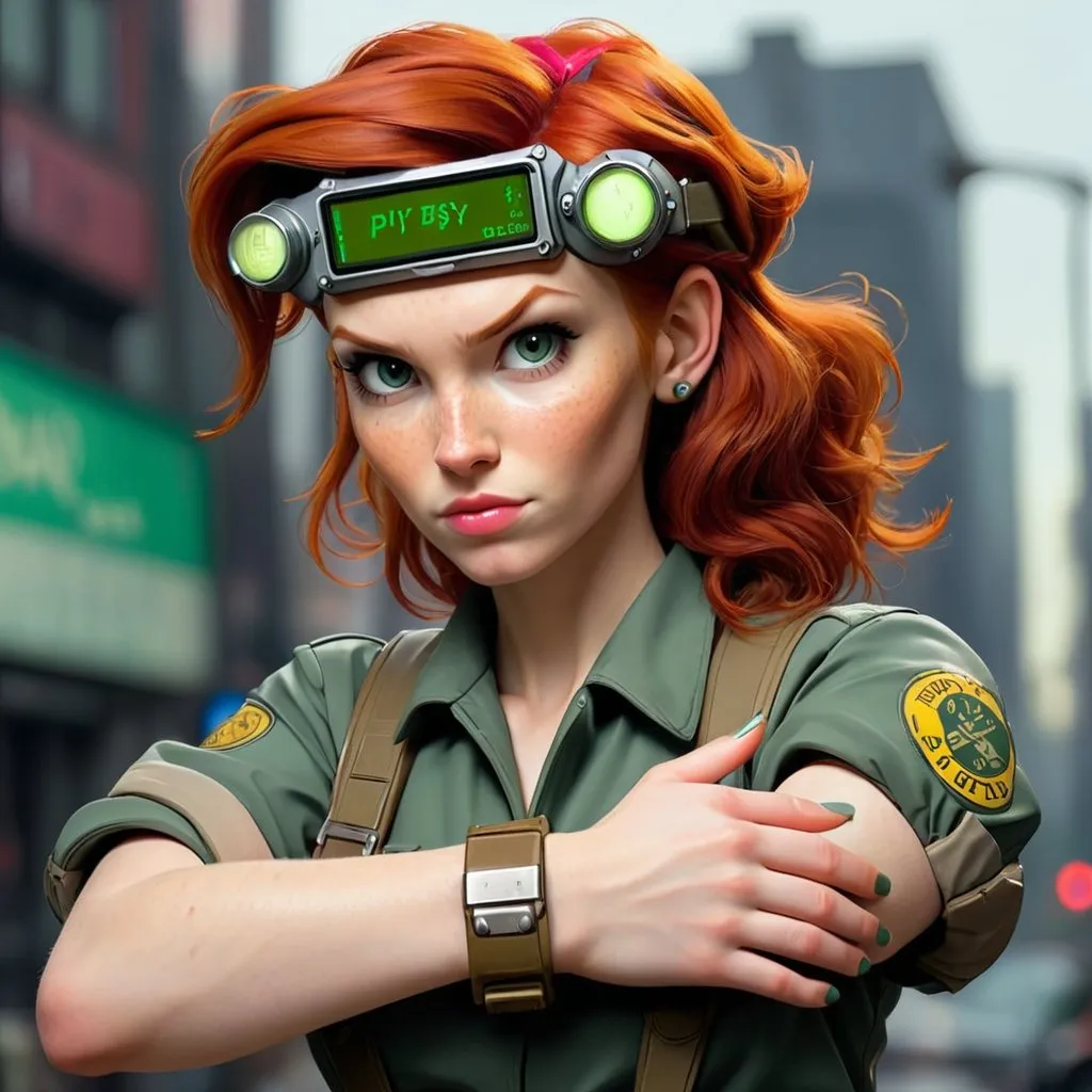 Prompt: redhead women wearing PIP Boy on her wrist