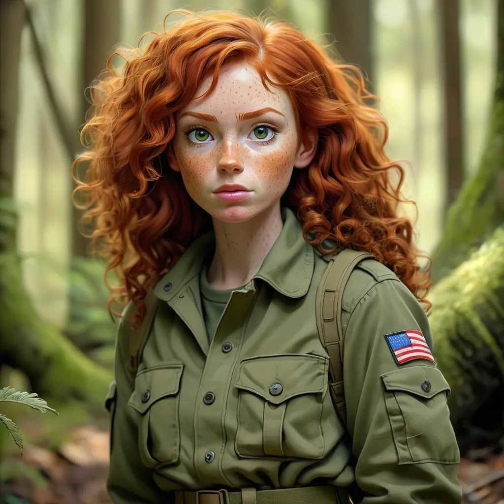 Prompt: Curly redhead in olive drab fatigues, realistic digital painting, woodland environment, intense gaze, detailed freckles, high quality, realistic, natural lighting, earthy tones, atmospheric