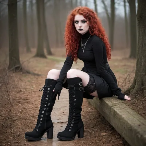 Prompt: Tall curly haired redhead goth girl wearing knee high black boots