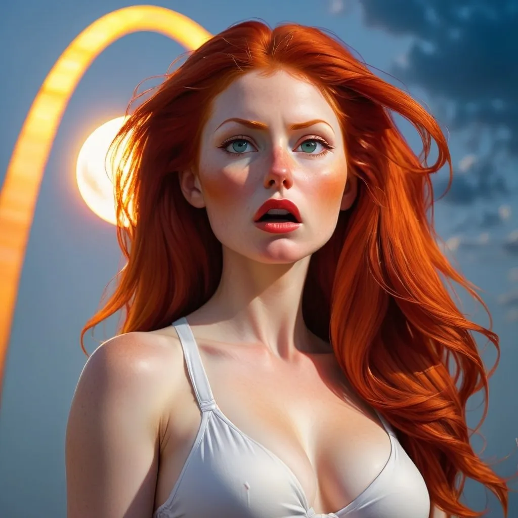Prompt: Redhead woman in white undergarment, partial solar eclipse behind St. Louis Arch, detailed face with intense expression, realistic oil painting, astronomical event, high quality, dramatic lighting, surreal, red hair, celestial red hues, detailed surroundings, atmospheric, intricate details, eclipse, realistic, scenic, intense gaze, striking composition, professional, atmospheric lighting