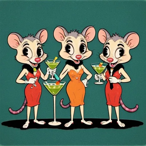 Prompt: Opossums sipping martinis, retro cartoon style, vintage cocktail glasses, playful expressions, detailed fur, fun and whimsical, vibrant colors, mid-century modern aesthetic, high quality, detailed illustration, retro, cartoon, vintage, playful, vibrant colors, mid-century modern, detailed fur, whimsical, cocktails, fun, highres, professional