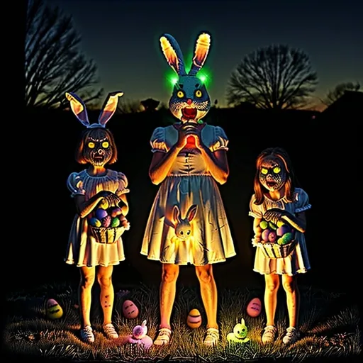 Prompt: scary Easter bunny, frightened children at night with glowing eyes eating peeps