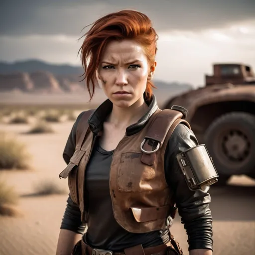Prompt: Japanese woman wearing PIP Boy, post-apocalyptic setting, dusty desert landscape, rugged leather clothing, intense and determined expression, high quality, realistic, post-apocalyptic, redhead, PIP Boy, dusty, desert landscape, rugged, intense expression, determined, leather clothing, professional, atmospheric lighting