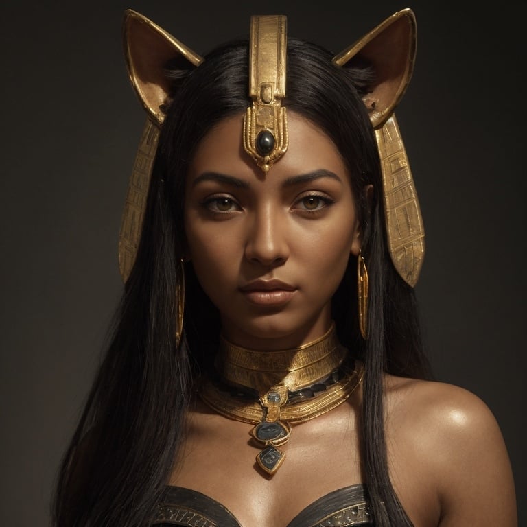 Prompt: obsidian-skinned woman with Bastet head, Egyptian goddess-inspired, detailed facial features, gold and black color tones, ancient Egyptian jewelry, regal and powerful posture, high quality, digital painting, majestic, mysterious lighting