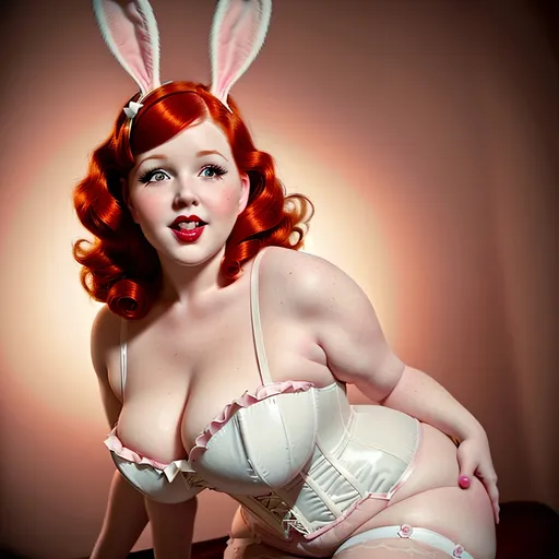 Prompt: Chubby redhead burlesque woman with rabbit ears and white bunny tail, pink corset, vintage pin-up style, soft and warm lighting, high quality, digital art, detailed facial features, playful expression, retro, vintage, burlesque, warm tones, soft lighting, pin-up