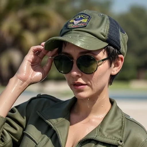 Prompt: Sopping Wet, sweaty, Short haired brunette wearing olive drab Navy Flight Suit and Sunglasses and green ball cap