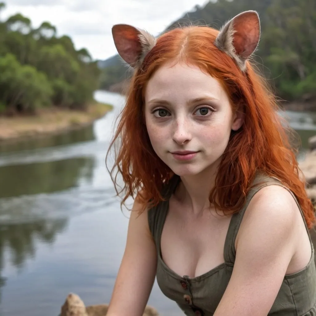 Prompt: redhead possum girl next to river