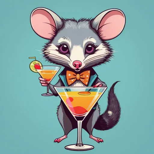 Prompt: Opossums sipping martinis, retro cartoon style, vintage cocktail glasses, playful expressions, detailed fur, fun and whimsical, vibrant colors, mid-century modern aesthetic, high quality, detailed illustration, retro, cartoon, vintage, playful, vibrant colors, mid-century modern, detailed fur, whimsical, cocktails, fun, highres, professional