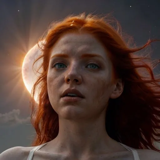 Prompt: Redhead woman in white undergarment, partial solar eclipse behind St. Louis Arch, detailed face with intense expression, realistic oil painting, astronomical event, high quality, dramatic lighting, surreal, red hair, celestial red hues, detailed surroundings, atmospheric, intricate details, eclipse, realistic, scenic, intense gaze, striking composition, professional, atmospheric lighting