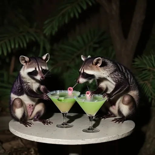 Prompt: Raccoons and possums drinking Martinis