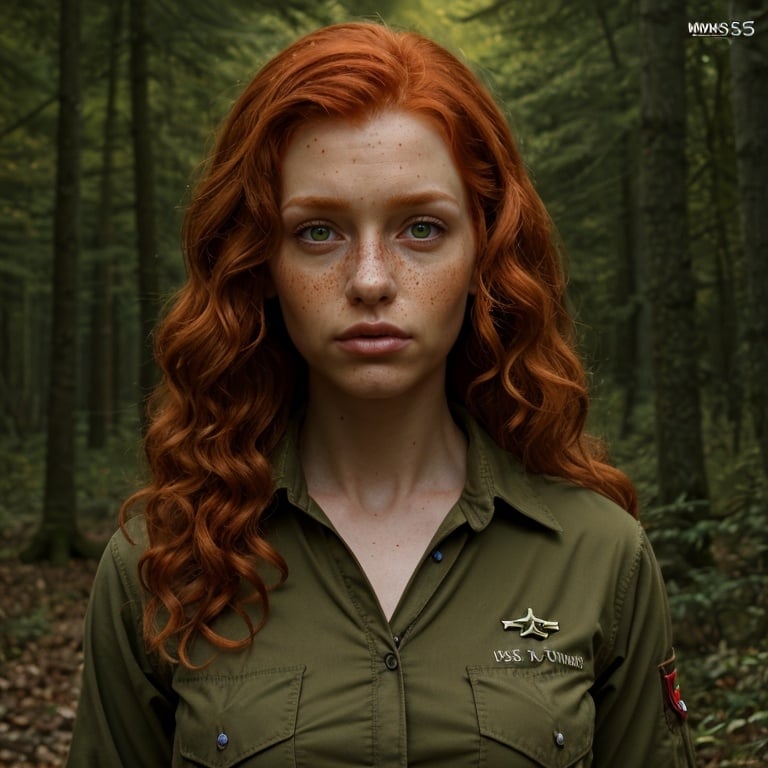 Prompt: Curly redhead in olive drab fatigues, wearing red breret, realistic digital painting, woodland environment, intense gaze, detailed freckles, high quality, realistic, natural lighting, earthy tones, atmospheric