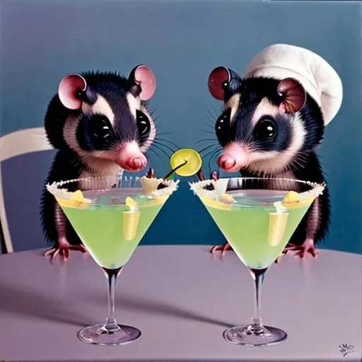 Prompt: Opossums sipping martinis