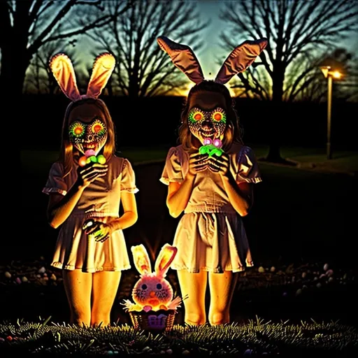 Prompt: scary Easter bunny, frightened children at night with glowing eyes eating peeps