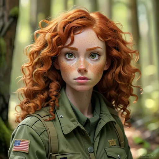 Prompt: Curly redhead in olive drab fatigues, realistic digital painting, woodland environment, intense gaze, detailed freckles, high quality, realistic, natural lighting, earthy tones, atmospheric