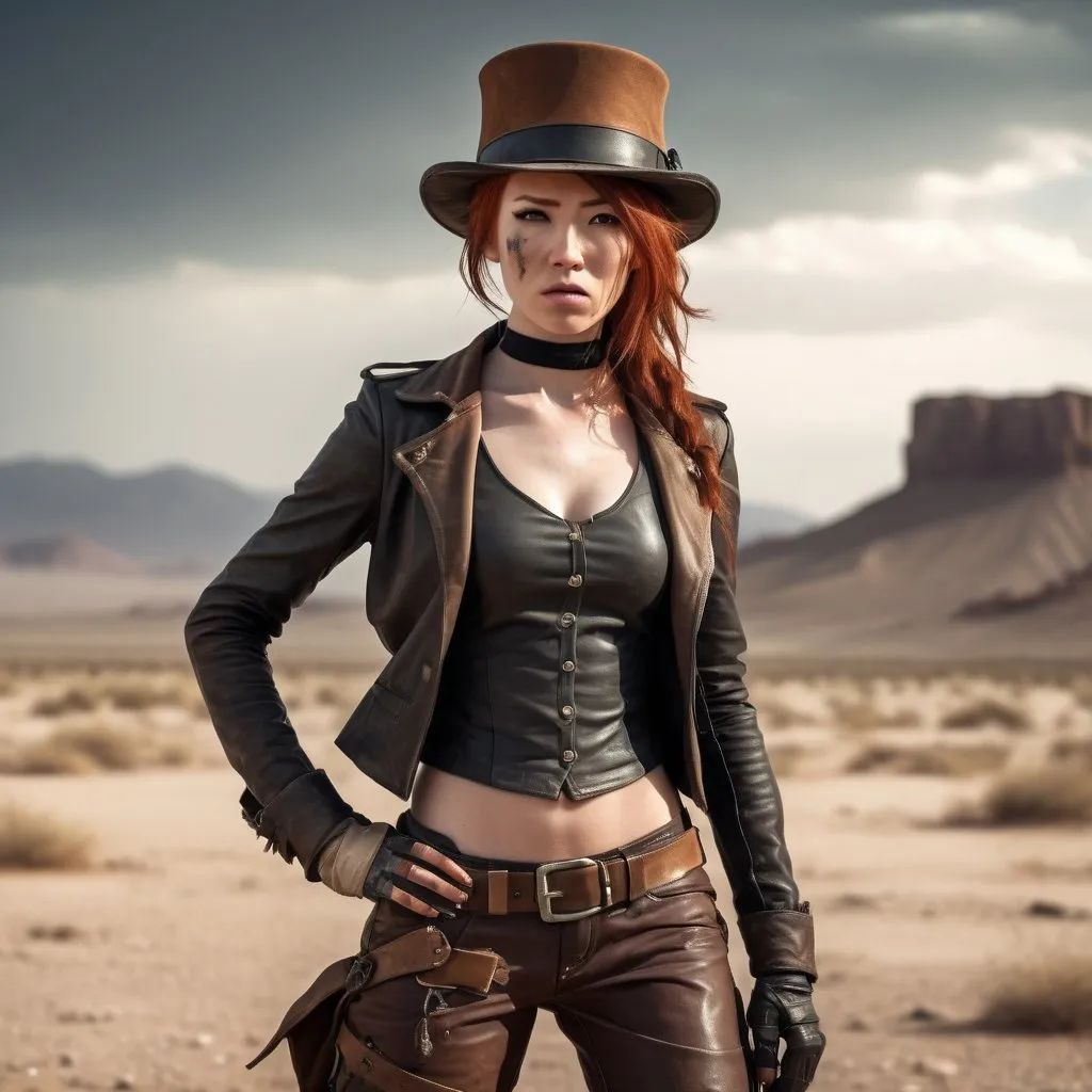 Prompt: Japanese woman wearing a top hat, post-apocalyptic setting, dusty desert landscape, rugged leather clothing, intense and determined expression, high quality, realistic, post-apocalyptic, redhead, PIP Boy, dusty, desert landscape, rugged, intense expression, determined, leather clothing, professional, atmospheric lighting