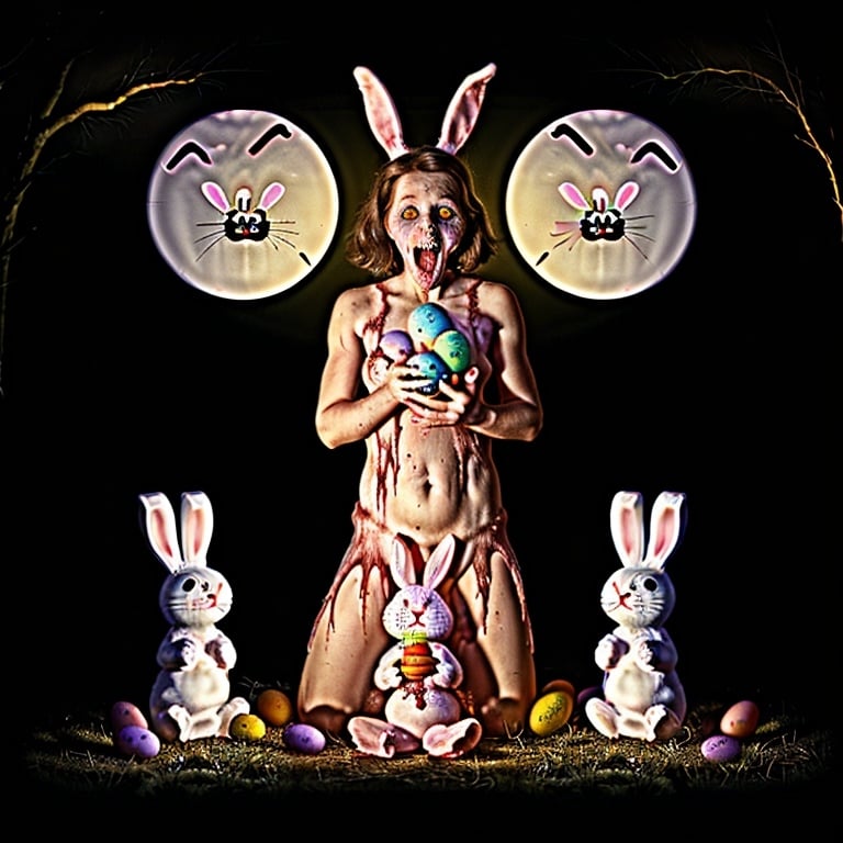 Prompt: scary Easter bunny, frightened children at night with glowing eyes eating easter bunny entrails