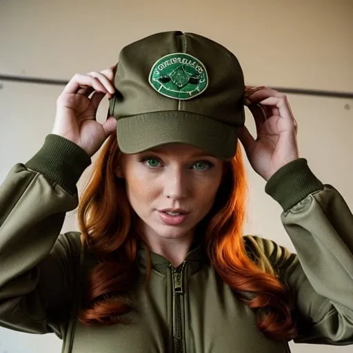 Prompt: buxom Redhead wearing Olive drab flight suit and wearing green ball cap
