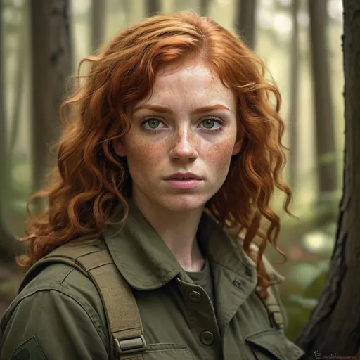 Prompt: Curly redhead in olive drab fatigues, realistic digital painting, woodland environment, intense gaze, detailed freckles, high quality, realistic, natural lighting, earthy tones, atmospheric